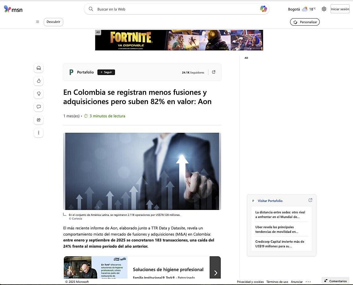 En Colombia se registran menos fusiones y adquisiciones pero suben 82% en valor: Aon